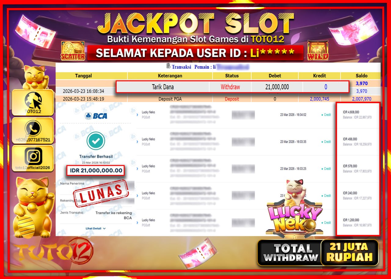 HANYA DI TOTO12 JP PASTI DI BAYAR LUNAS DAN CEPAT!!!!!! JACKPOT SLOT GAME (LUCKY NEKO) Rp.21.000.000!!!!