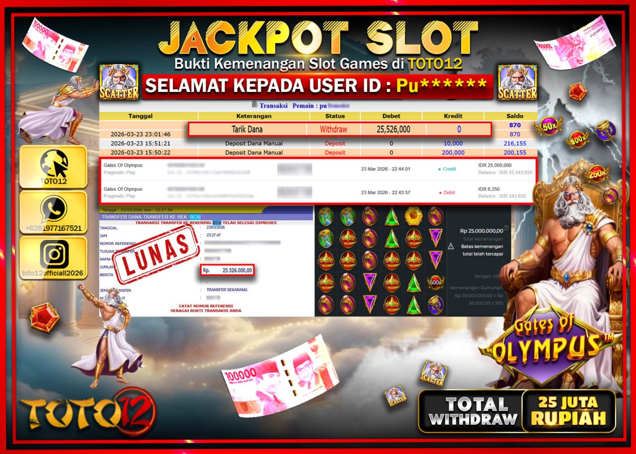 HANYA DI TOTO12 JP PASTI DI BAYAR LUNAS DAN CEPAT!!!!!! JACKPOT SLOT GAME (GATES OF OLYMPUS) Rp.25.526.000!!!!