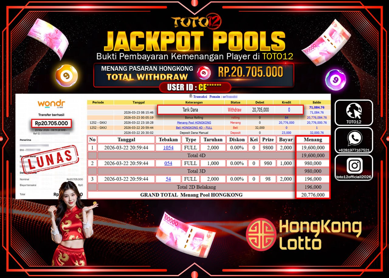 HANYA DI TOTO12 JP PASTI DI BAYAR LUNAS DAN CEPAT!!!!!! JACKPOT LIVE GAMES CASINO (HONGKONG) Rp.20.705.000!!!!