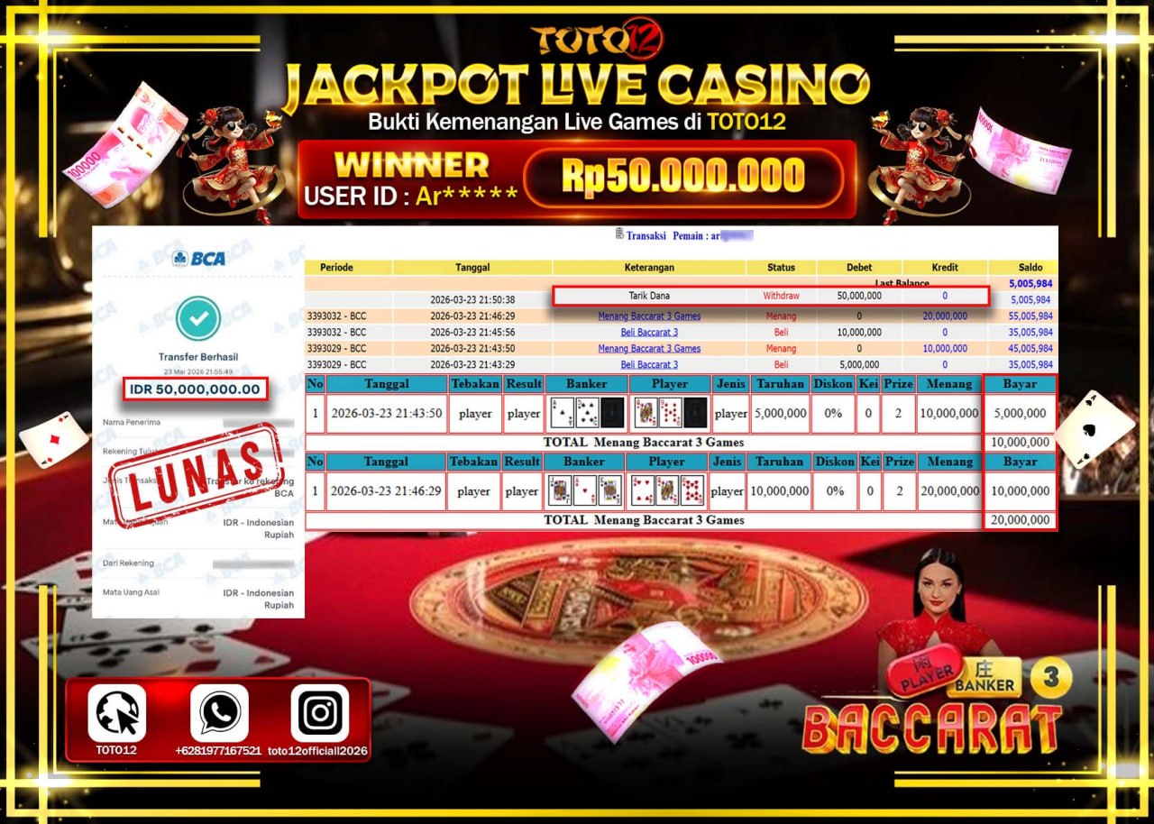 HANYA DI TOTO12 JP PASTI DI BAYAR LUNAS DAN CEPAT!!!!!! JACKPOT LIVE GAMES CASINO (BACCARAT 3) Rp.50.000.000!!!!