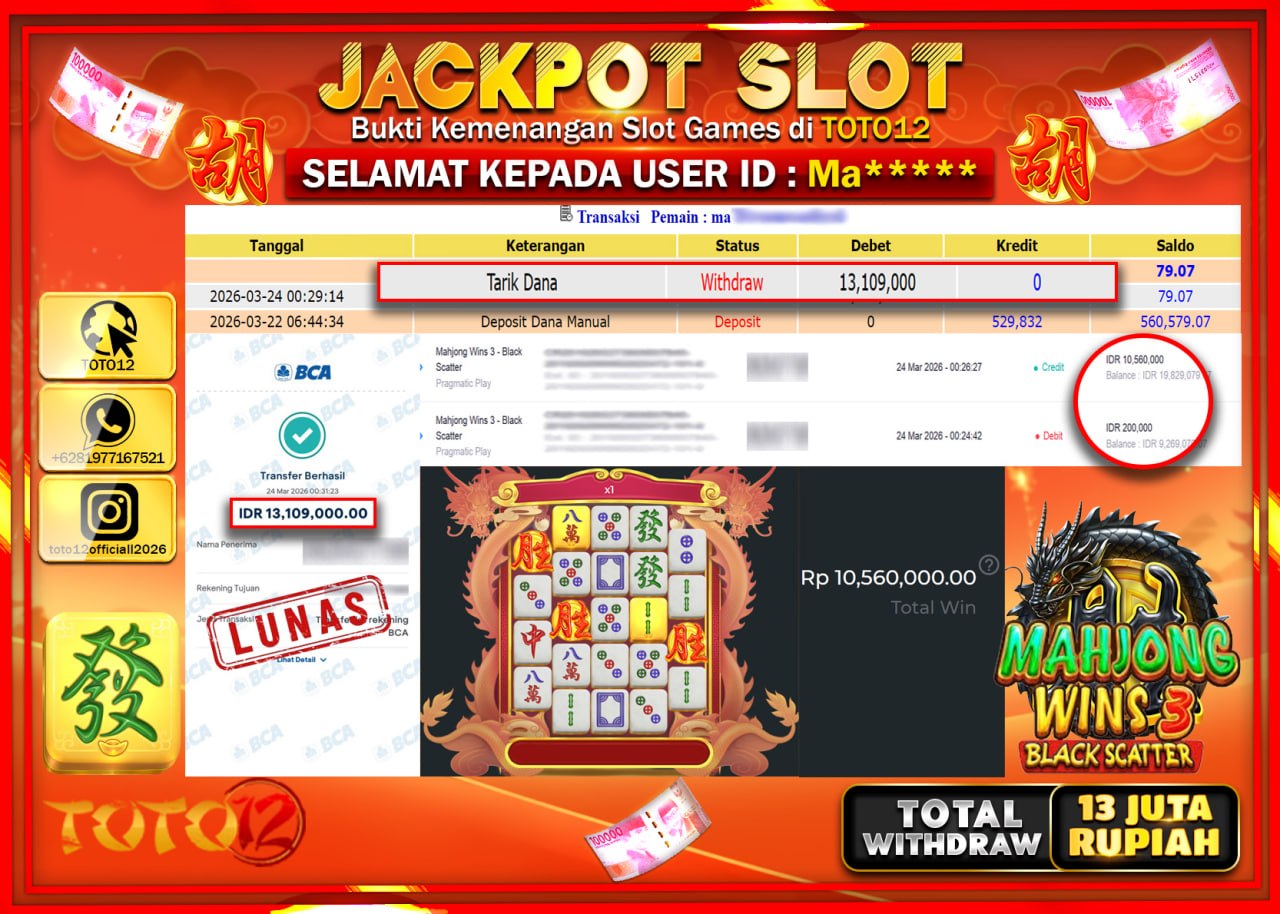 HANYA DI TOTO12 JP PASTI DI BAYAR LUNAS DAN CEPAT!!!!!! JACKPOT SLOT GAME (MAHJONG WINS 3 BLACK SCATTER) Rp.13.109.000!!!!