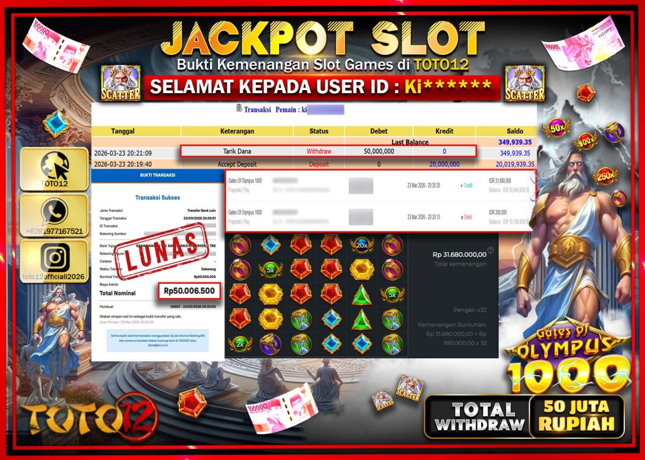 HANYA DI TOTO12 JP PASTI DI BAYAR LUNAS DAN CEPAT!!!!!! JACKPOT SLOT GAME (GATES OF OLYMPUS 1000) Rp.50.000.000!!!!