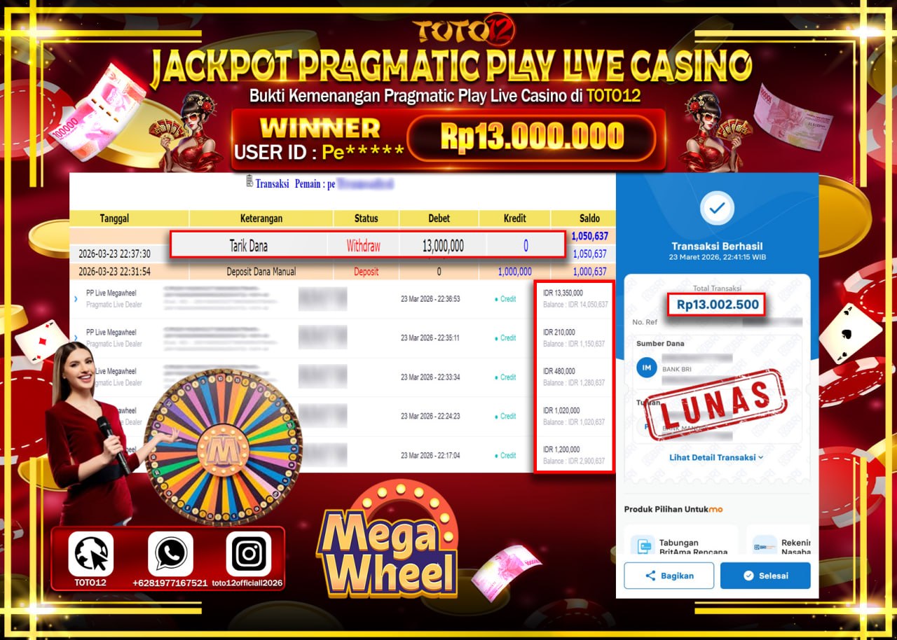 HANYA DI TOTO12 JP PASTI DI BAYAR LUNAS DAN CEPAT!!!!!! JACKPOT PRAGMATIC PLAY LIVE GAME CASINO (PP LIVE MEGAWHEEL) Rp.27.000.000!!!!