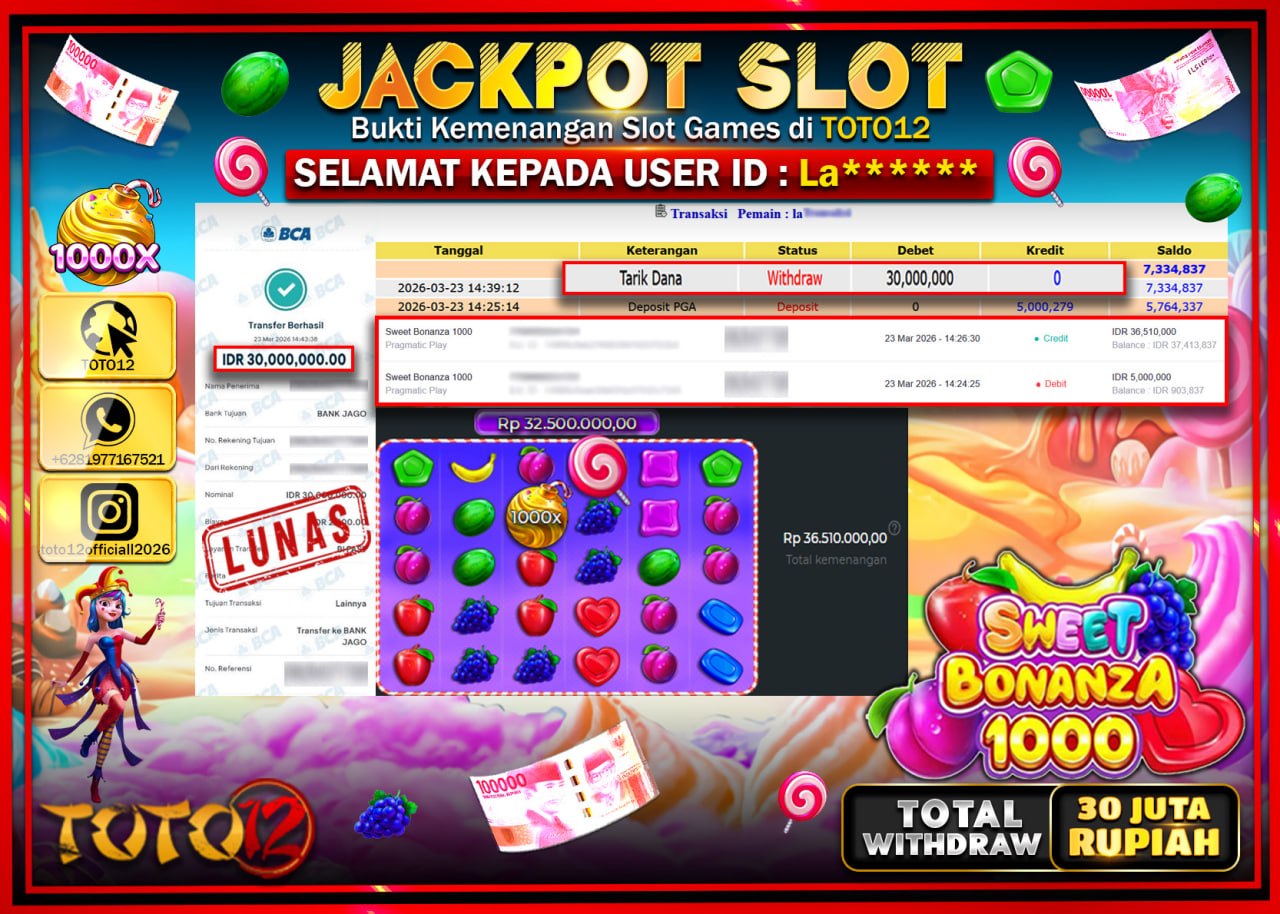 HANYA DI TOTO12 JP PASTI DI BAYAR LUNAS DAN CEPAT!!!!!! JACKPOT SLOT GAME (SWEET BONANZA 1000) Rp.30.000.000!!!!