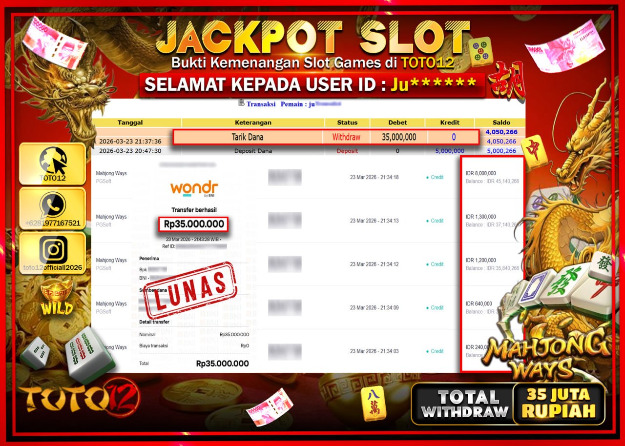 HANYA DI TOTO12 JP PASTI DI BAYAR LUNAS DAN CEPAT!!!!!! JACKPOT SLOT GAME (MAHJONG WAYS) Rp.35.000.000!!!!