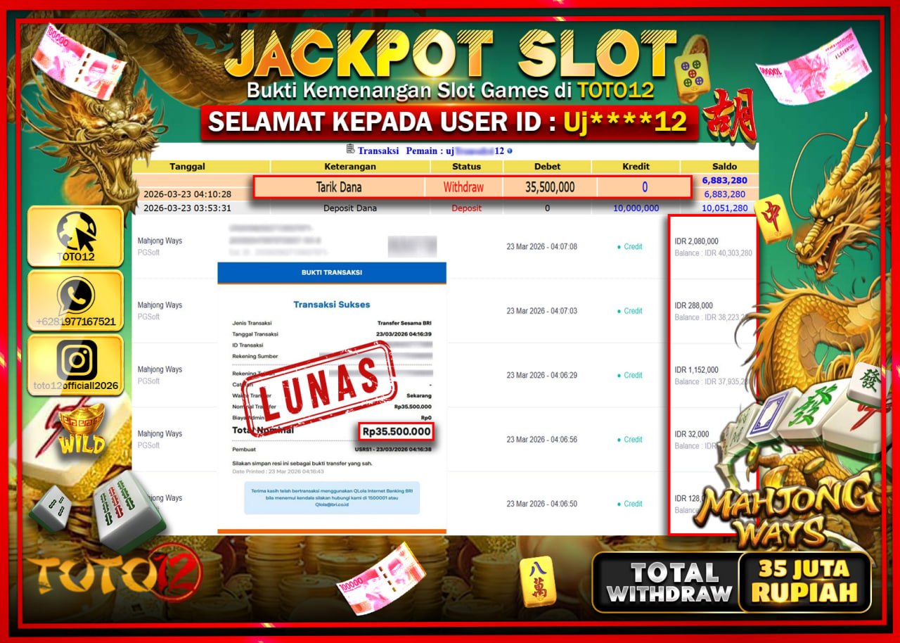 HANYA DI TOTO12 JP PASTI DI BAYAR LUNAS DAN CEPAT!!!!!! JACKPOT SLOT GAME (MAHJONG WAYS) Rp.35.500.000!!!!