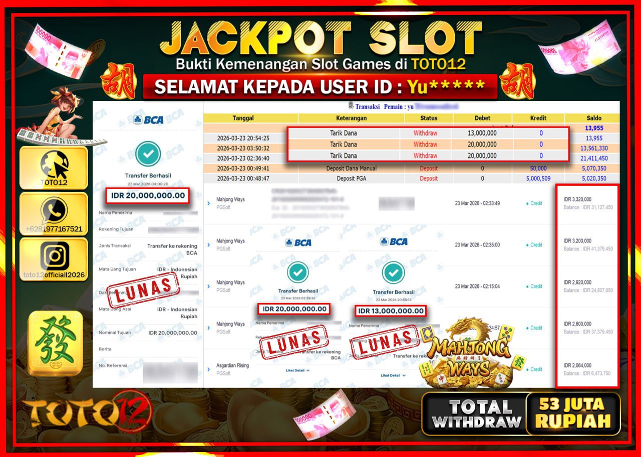 HANYA DI TOTO12 JP PASTI DI BAYAR LUNAS DAN CEPAT!!!!!! JACKPOT SLOT GAME (MAHJONG WAYS) Rp.53.000.000!!!!