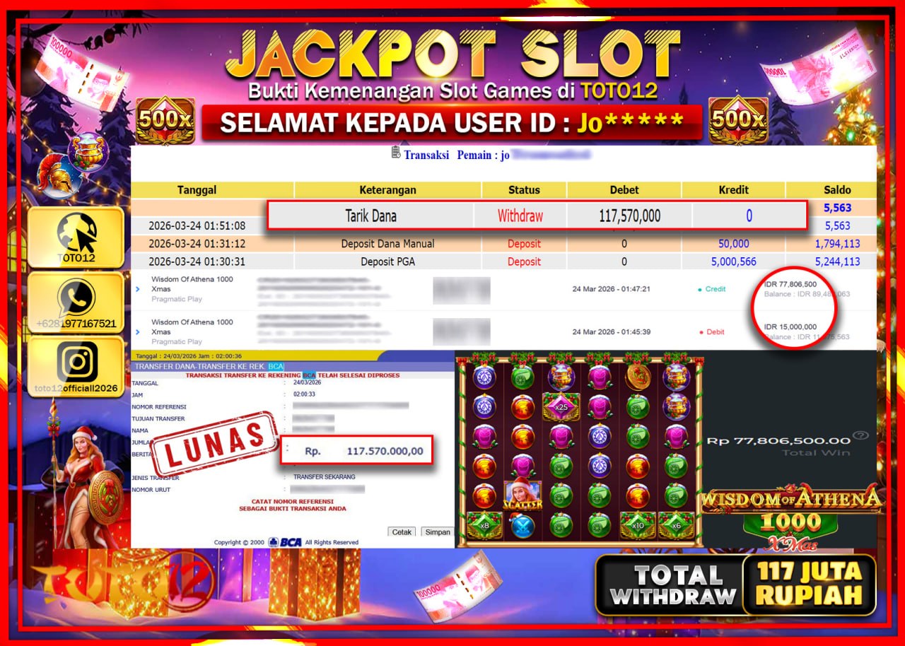 HANYA DI TOTO12 JP PASTI DI BAYAR LUNAS DAN CEPAT!!!!!! JACKPOT SLOT GAME (WISDOM OF ATHENA 1000) Rp.117.570.000!!!!