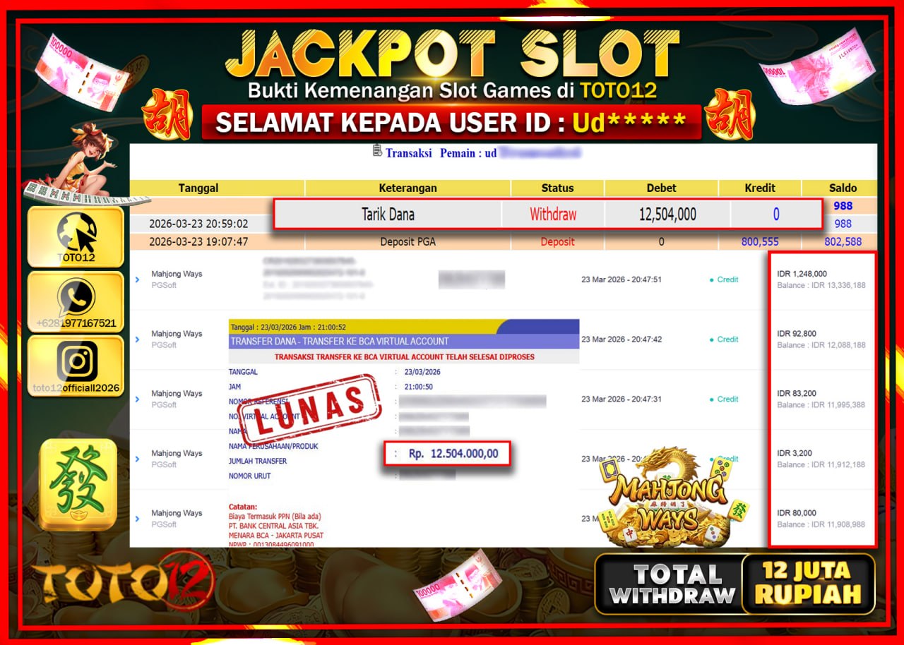 HANYA DI TOTO12 JP PASTI DI BAYAR LUNAS DAN CEPAT!!!!!! JACKPOT SLOT GAME (MAHJONG WAYS) Rp.12.504.000!!!!