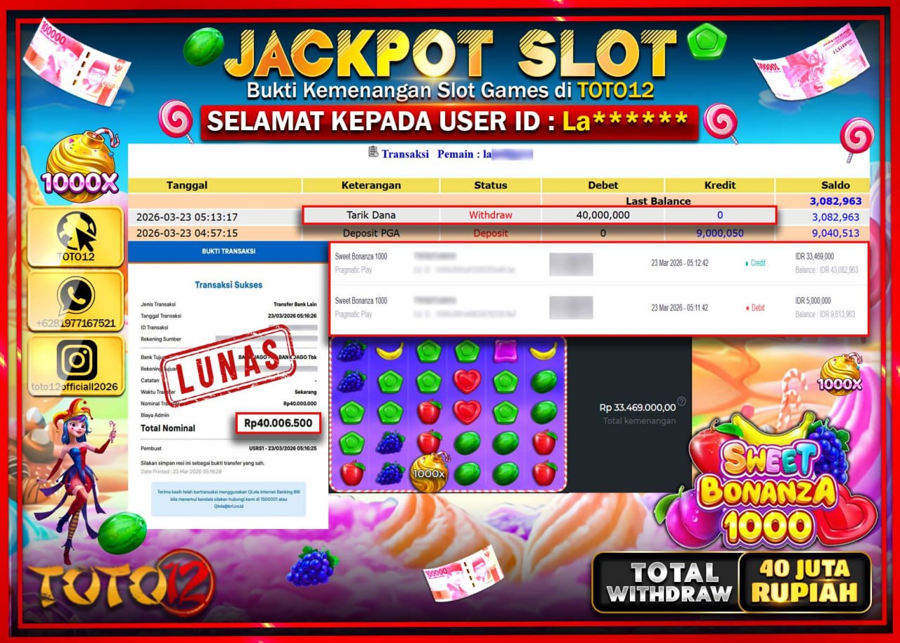 HANYA DI TOTO12 JP PASTI DI BAYAR LUNAS DAN CEPAT!!!!!! JACKPOT SLOT GAME (SWEET BONANZA 1000) Rp.40.000.000!!!!