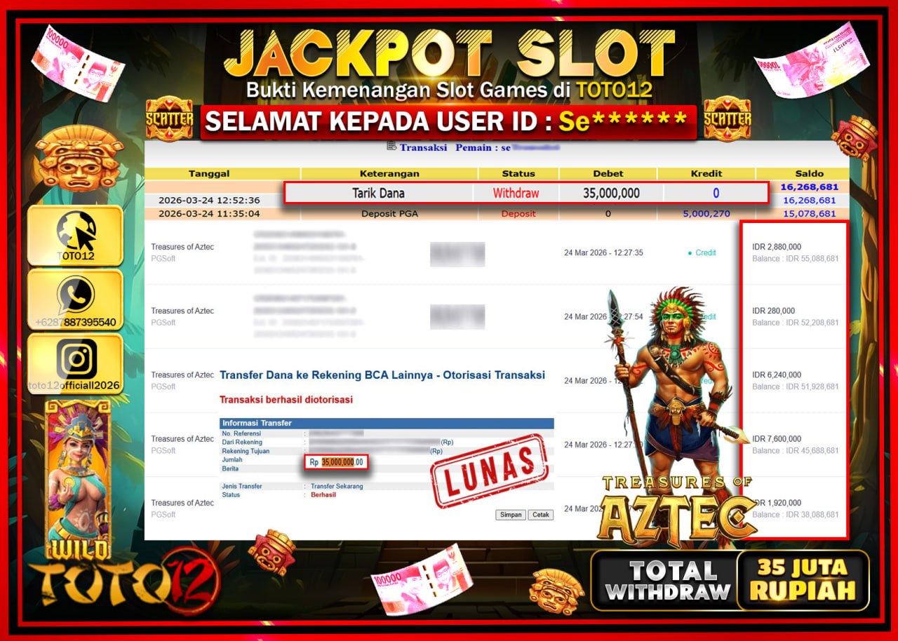 HANYA DI TOTO12 JP PASTI DI BAYAR LUNAS DAN CEPAT!!!!!! JACKPOT SLOT GAME (TREASURES OF AZTEC) Rp.35.000.000!!!!