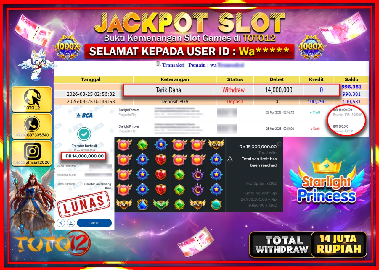 HANYA DI TOTO12 JP PASTI DI BAYAR LUNAS DAN CEPAT!!!!!! JACKPOT SLOT GAME (STARLIGHT PRINCESS) Rp.14.000.000!!!!