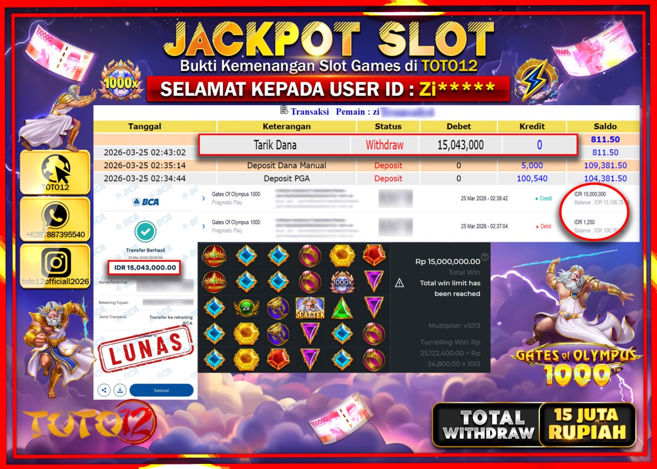 HANYA DI TOTO12 JP PASTI DI BAYAR LUNAS DAN CEPAT!!!!!! JACKPOT SLOT GAME (GATES OF OLYMPUS 1000) Rp.15.043.000!!!!