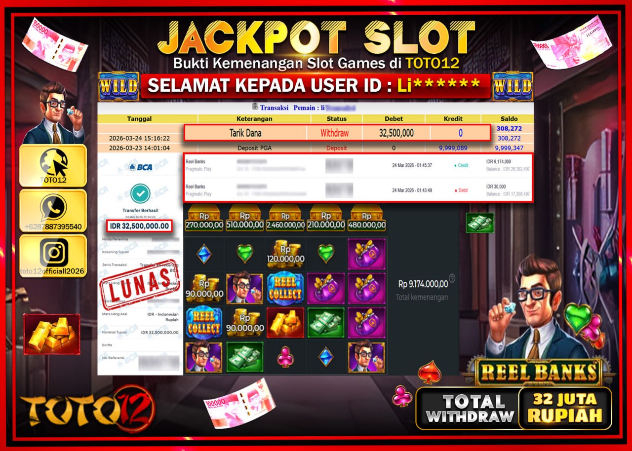 HANYA DI TOTO12 JP PASTI DI BAYAR LUNAS DAN CEPAT!!!!!! JACKPOT SLOT GAME (REEL BANKS) Rp.32.500.000!!!!