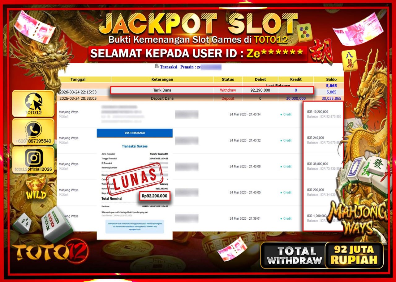 HANYA DI TOTO12 JP PASTI DI BAYAR LUNAS DAN CEPAT!!!!!! JACKPOT SLOT GAME (MAHJONG WAYS) Rp.92.290.000!!!!