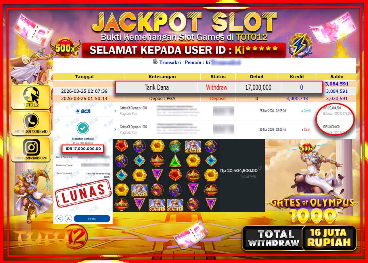 HANYA DI TOTO12 JP PASTI DI BAYAR LUNAS DAN CEPAT!!!!!! JACKPOT SLOT GAME (GATES OF OLYMPUS 1000) Rp.17.000.000!!!!