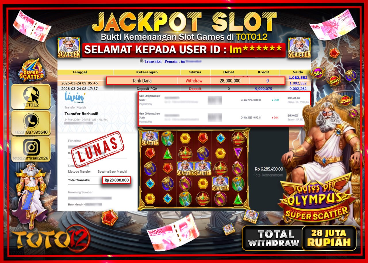 HANYA DI TOTO12 JP PASTI DI BAYAR LUNAS DAN CEPAT!!!!!! JACKPOT SLOT GAME (GATES OF OLYMPUS SUPER SCATTER) Rp.28.000.000!!!!