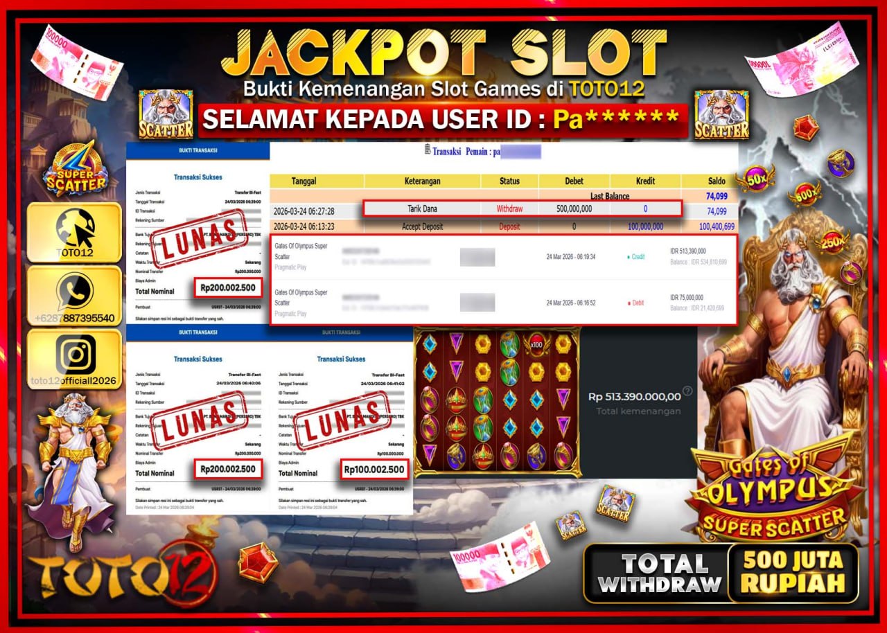 HANYA DI TOTO12 JP PASTI DI BAYAR LUNAS DAN CEPAT!!!!!! JACKPOT SLOT GAME (GATES OF OLYMPUS SUPER SCATTER) Rp.500.000.000!!!!