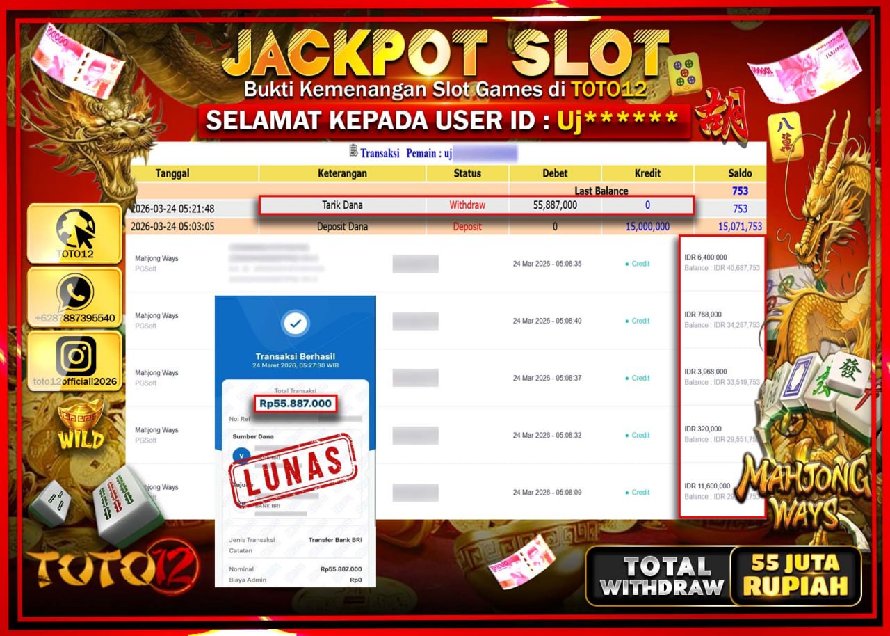 HANYA DI TOTO12 JP PASTI DI BAYAR LUNAS DAN CEPAT!!!!!! JACKPOT SLOT GAME (MAHJONG WAYS) Rp.55.887.000!!!!