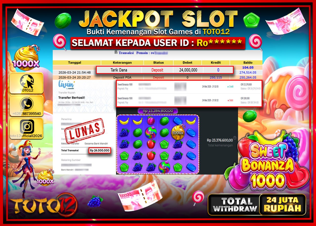 HANYA DI TOTO12 JP PASTI DI BAYAR LUNAS DAN CEPAT!!!!!! JACKPOT SLOT GAME (SWEET BONANZA 1000) Rp.24.000.000!!!!
