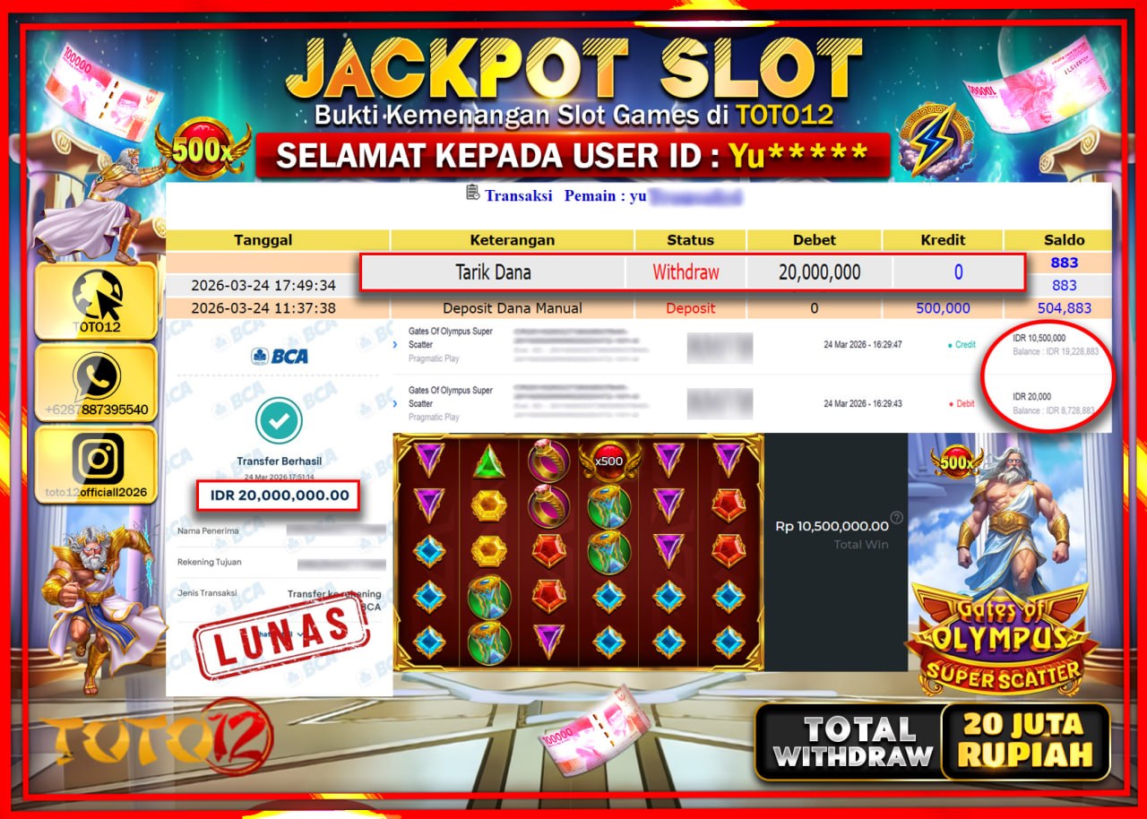 HANYA DI TOTO12 JP PASTI DI BAYAR LUNAS DAN CEPAT!!!!!! JACKPOT SLOT GAME (GATES OF OLYMPUS SUPER SCATTER) Rp.20.000.000!!!!