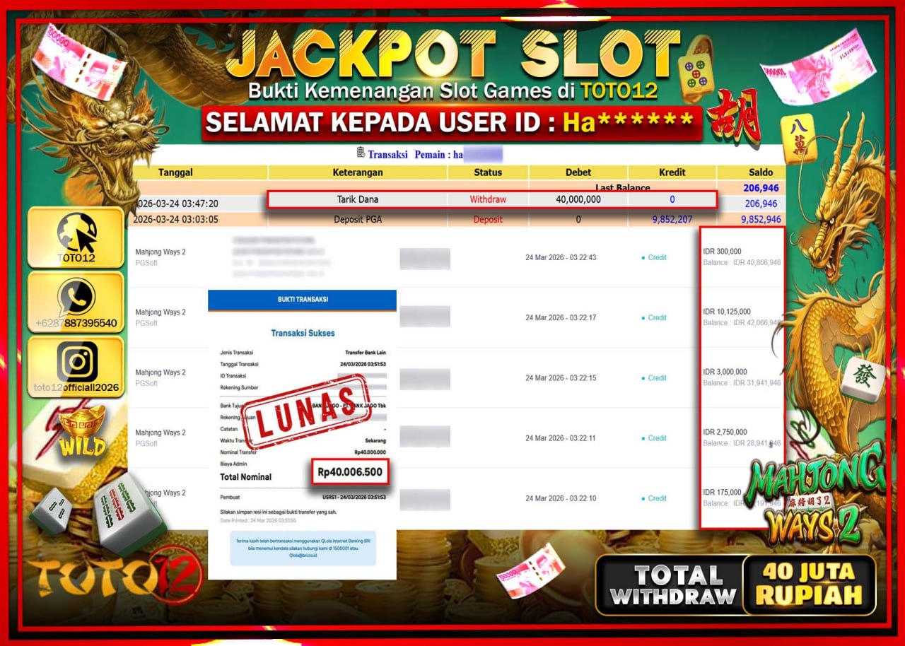 HANYA DI TOTO12 JP PASTI DI BAYAR LUNAS DAN CEPAT!!!!!! JACKPOT SLOT GAME (MAHJONG WAYS 2) Rp.40.000.000!!!!