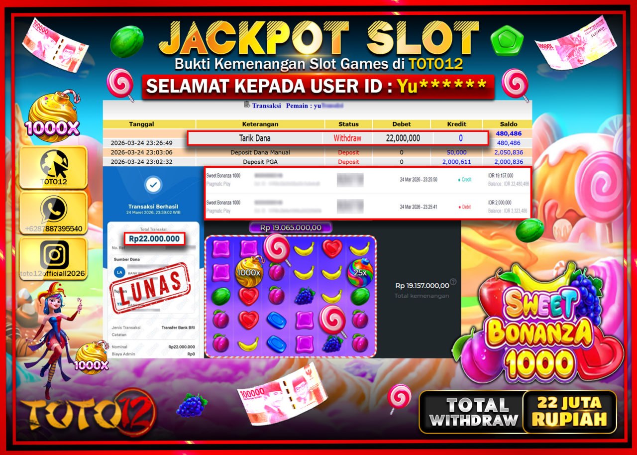 HANYA DI TOTO12 JP PASTI DI BAYAR LUNAS DAN CEPAT!!!!!! JACKPOT SLOT GAME (SWEET BONANZA 1000) Rp.22.000.000!!!!
