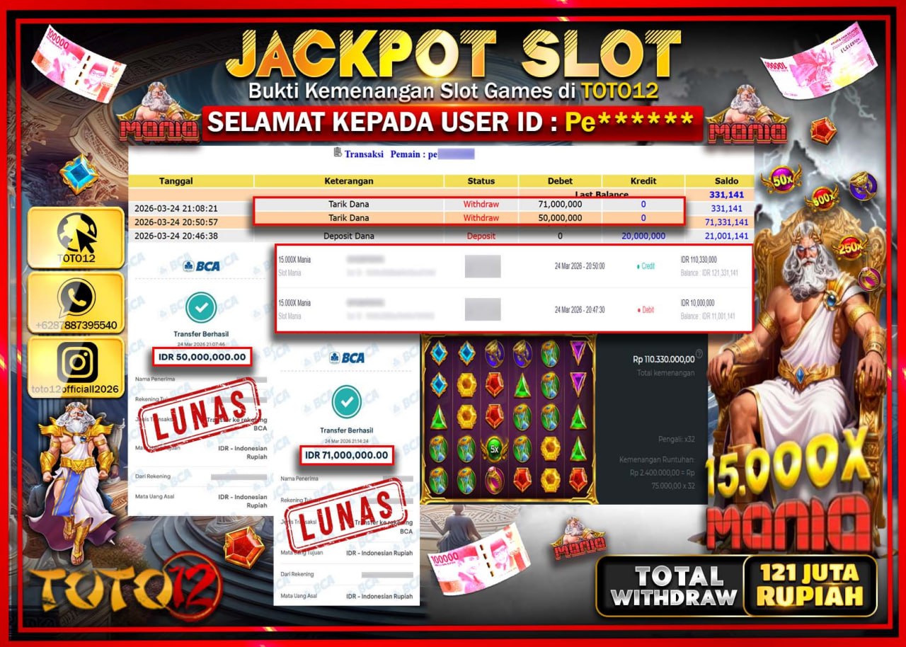 HANYA DI TOTO12 JP PASTI DI BAYAR LUNAS DAN CEPAT!!!!!! JACKPOT SLOT GAME (15.000 X MANIA) Rp.121.000.000!!!!