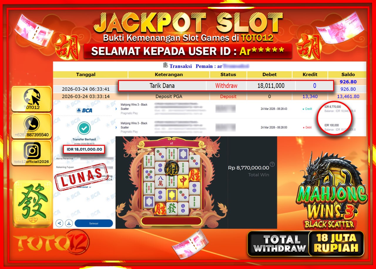 HANYA DI TOTO12 JP PASTI DI BAYAR LUNAS DAN CEPAT!!!!!! JACKPOT SLOT GAME (MAHJONG WINS 3 BLACK SCATTER) Rp.18.011.000!!!!