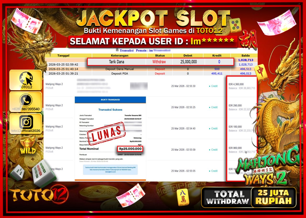 HANYA DI TOTO12 JP PASTI DI BAYAR LUNAS DAN CEPAT!!!!!! JACKPOT SLOT GAME (MAHJONG WAYS 2) Rp.25.000.000!!!!