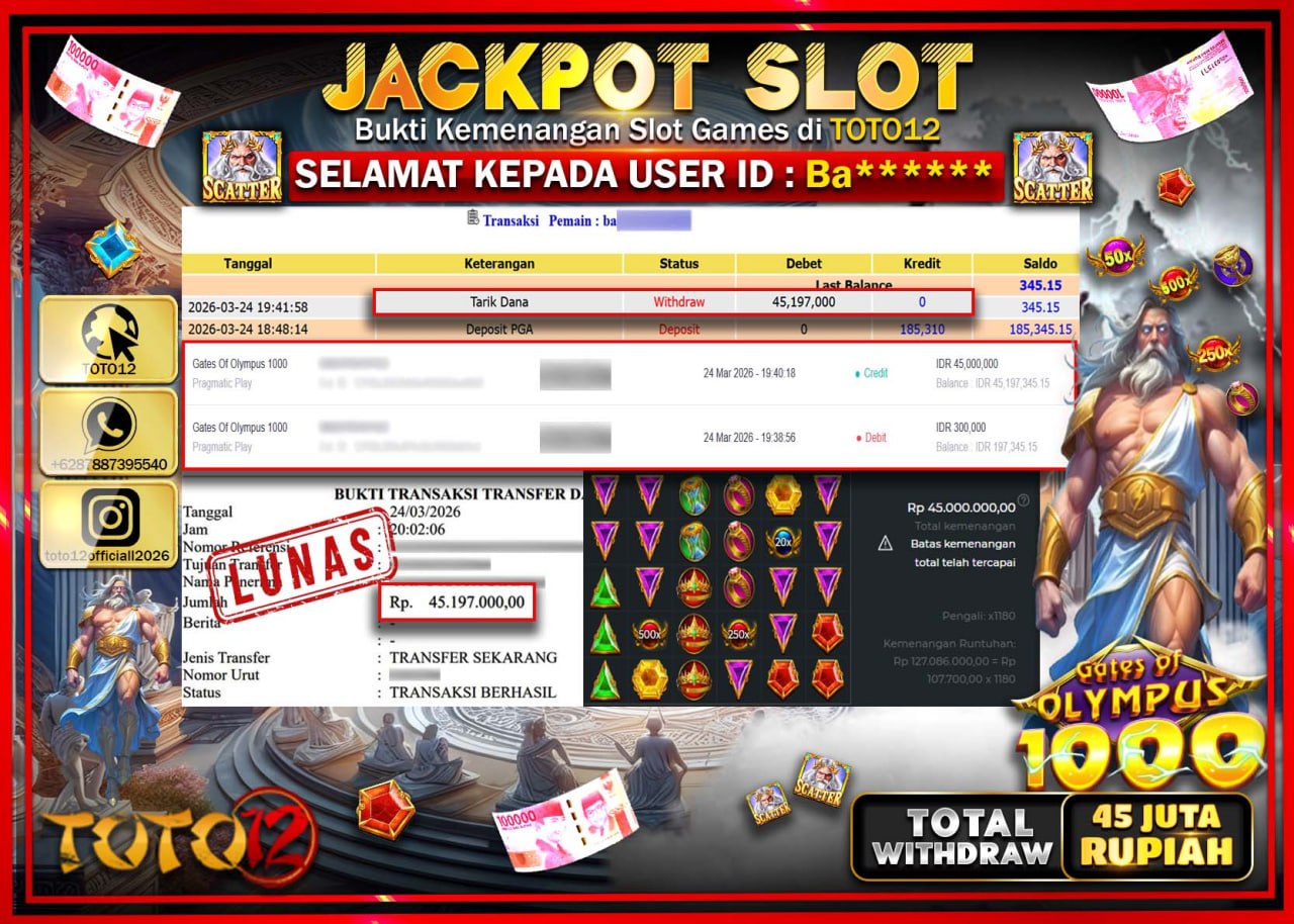 HANYA DI TOTO12 JP PASTI DI BAYAR LUNAS DAN CEPAT!!!!!! JACKPOT SLOT GAME (GATES OF OLYMPUS 1000) Rp.45.197.000!!!!