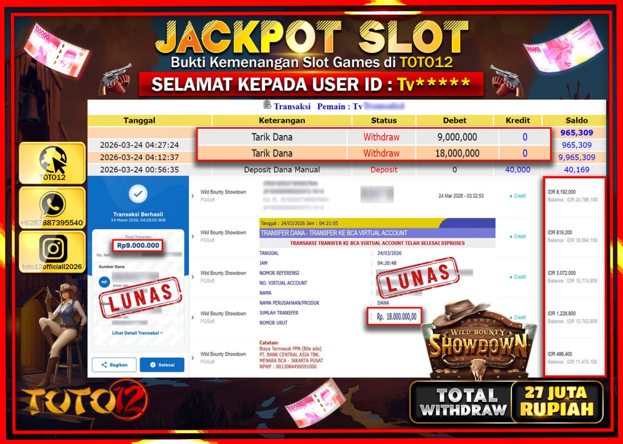 HANYA DI TOTO12 JP PASTI DI BAYAR LUNAS DAN CEPAT!!!!!! JACKPOT SLOT GAME (WILD BOUNTY SHOWDOWN) Rp.27.000.000!!!!