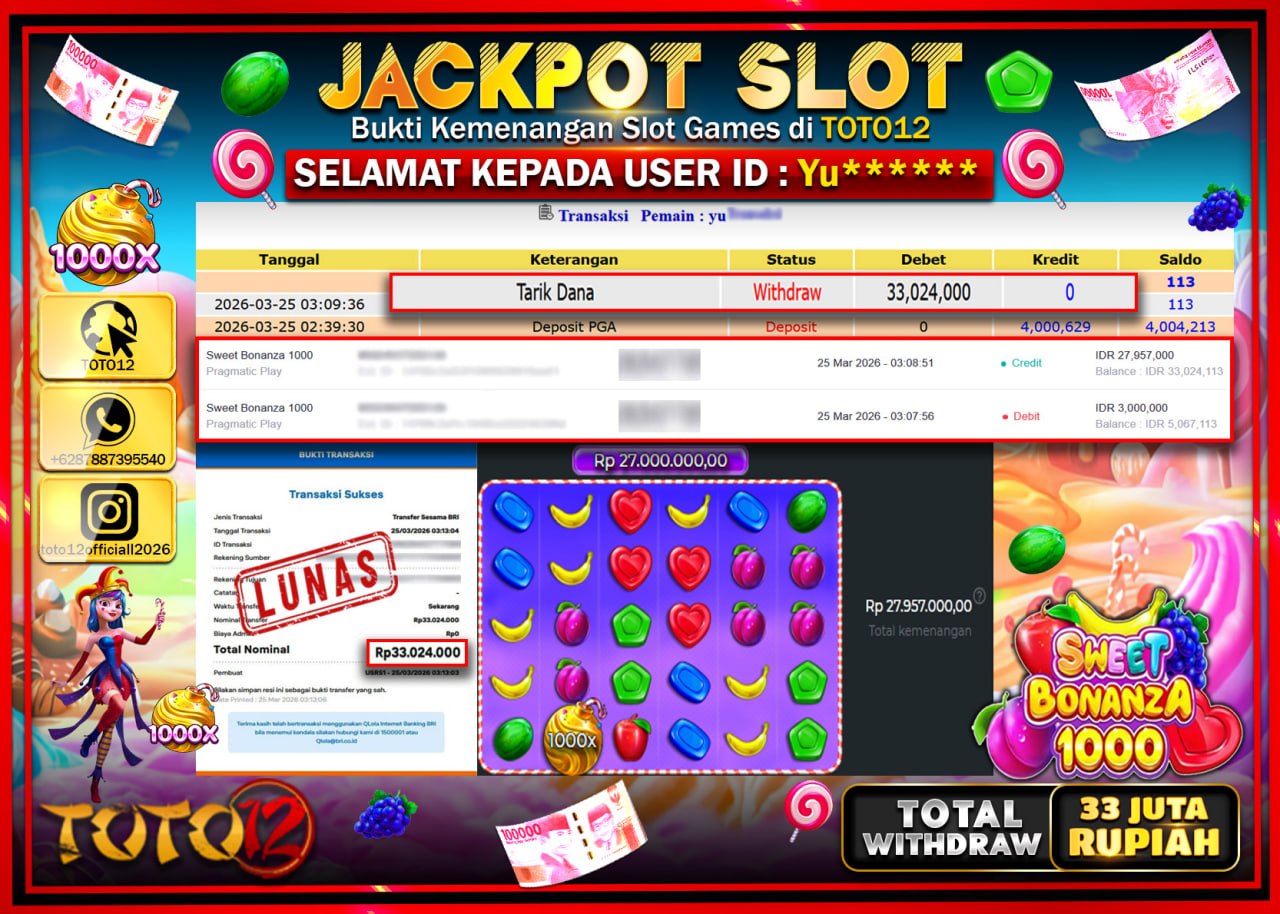 HANYA DI TOTO12 JP PASTI DI BAYAR LUNAS DAN CEPAT!!!!!! JACKPOT SLOT GAME (SWEET BONANZA 1000) Rp.33.024.000!!!!