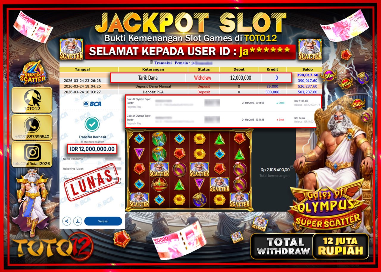 HANYA DI TOTO12 JP PASTI DI BAYAR LUNAS DAN CEPAT!!!!!! JACKPOT SLOT GAME (GATES OF OLYMPUS SUPER SCATTER) Rp.12.000.000!!!!