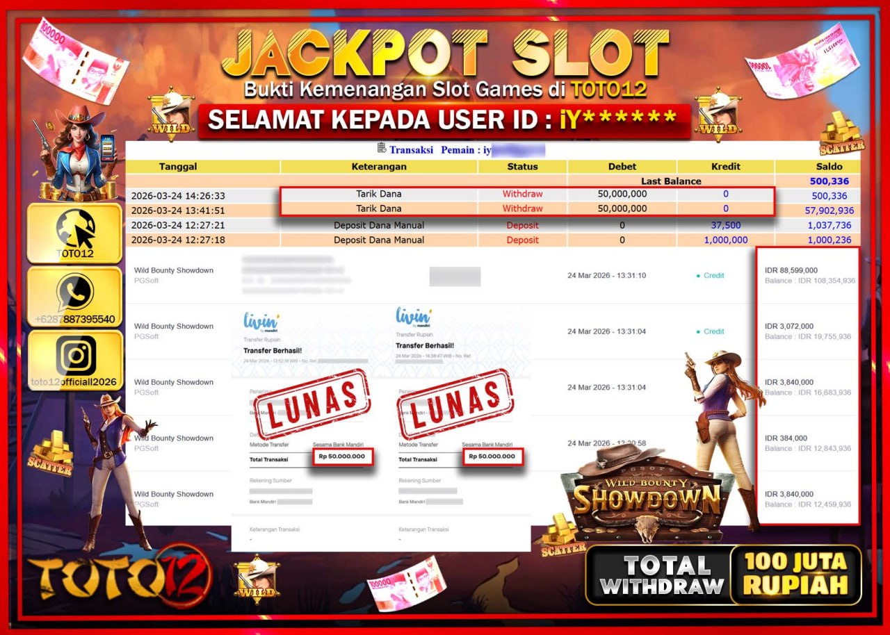 HANYA DI TOTO12 JP PASTI DI BAYAR LUNAS DAN CEPAT!!!!!! JACKPOT SLOT GAME (WILD BOUNTY SHOWDOWN) Rp.100.000.000!!!!