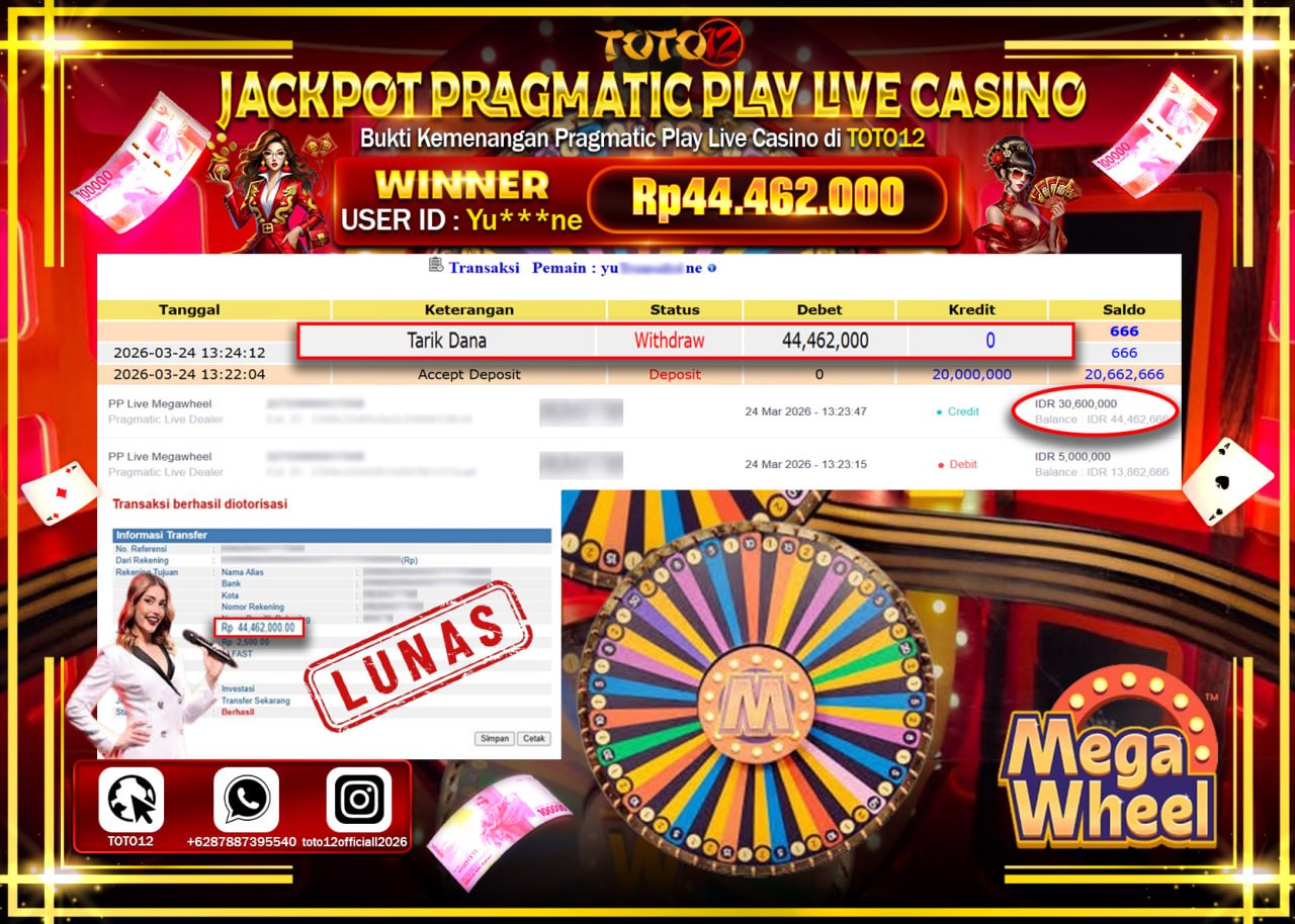 HANYA DI TOTO12 JP PASTI DI BAYAR LUNAS DAN CEPAT!!!!!! JACKPOT PRAGMATIC PLAY LIVE GAME CASINO (PP LIVE MEGAWHEEL) Rp.44.462.000!!!!