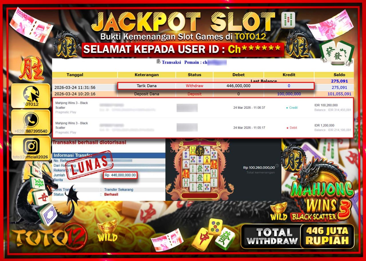 HANYA DI TOTO12 JP PASTI DI BAYAR LUNAS DAN CEPAT!!!!!! JACKPOT SLOT GAME (MAHJONG WINS 3 BLACK SCATTER) Rp.446.000.000!!!!