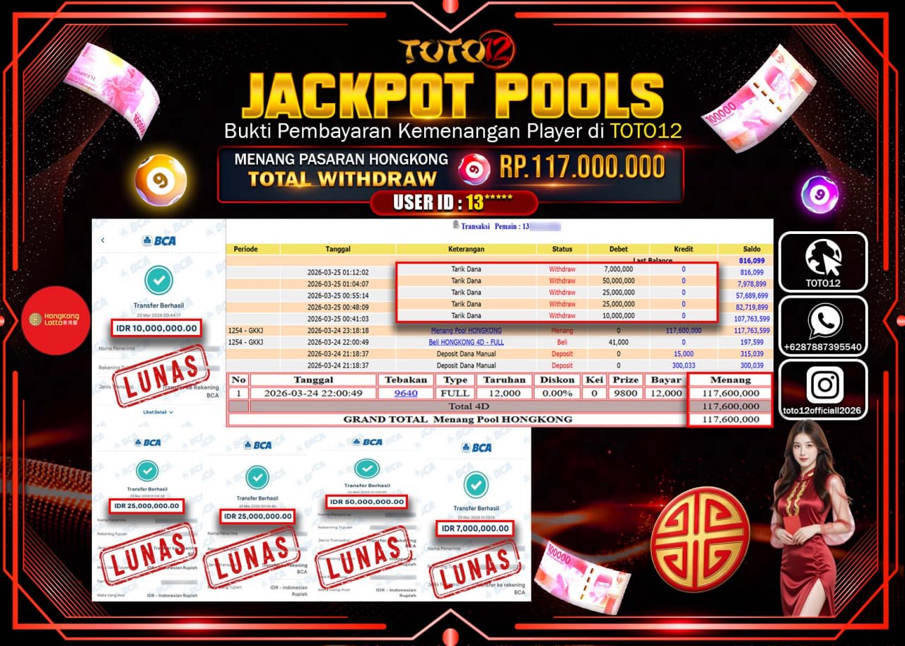 HANYA DI TOTO12 JP PASTI DI BAYAR LUNAS DAN CEPAT!!!!!! JACKPOT POOLS PASARAN (HONGKONG) Rp.117.000.000!!!!