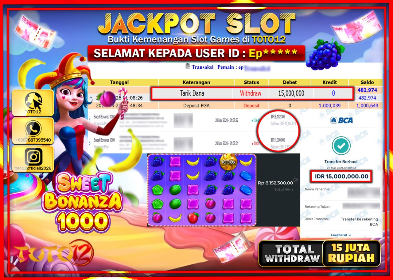 HANYA DI TOTO12 JP PASTI DI BAYAR LUNAS DAN CEPAT!!!!!! JACKPOT SLOT GAME (SWEET BONANZA 1000) Rp.15.000.000!!!!