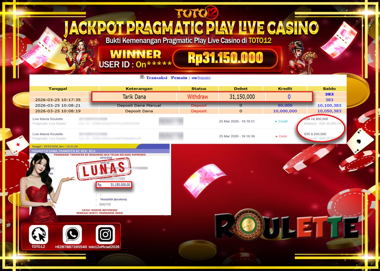 HANYA DI TOTO12 JP PASTI DI BAYAR LUNAS DAN CEPAT!!!!!! JACKPOT PRAGMATIC PLAY LIVE GAME CASINO (PP LIVE MANIA ROULETTE) Rp.31.150.000!!!!