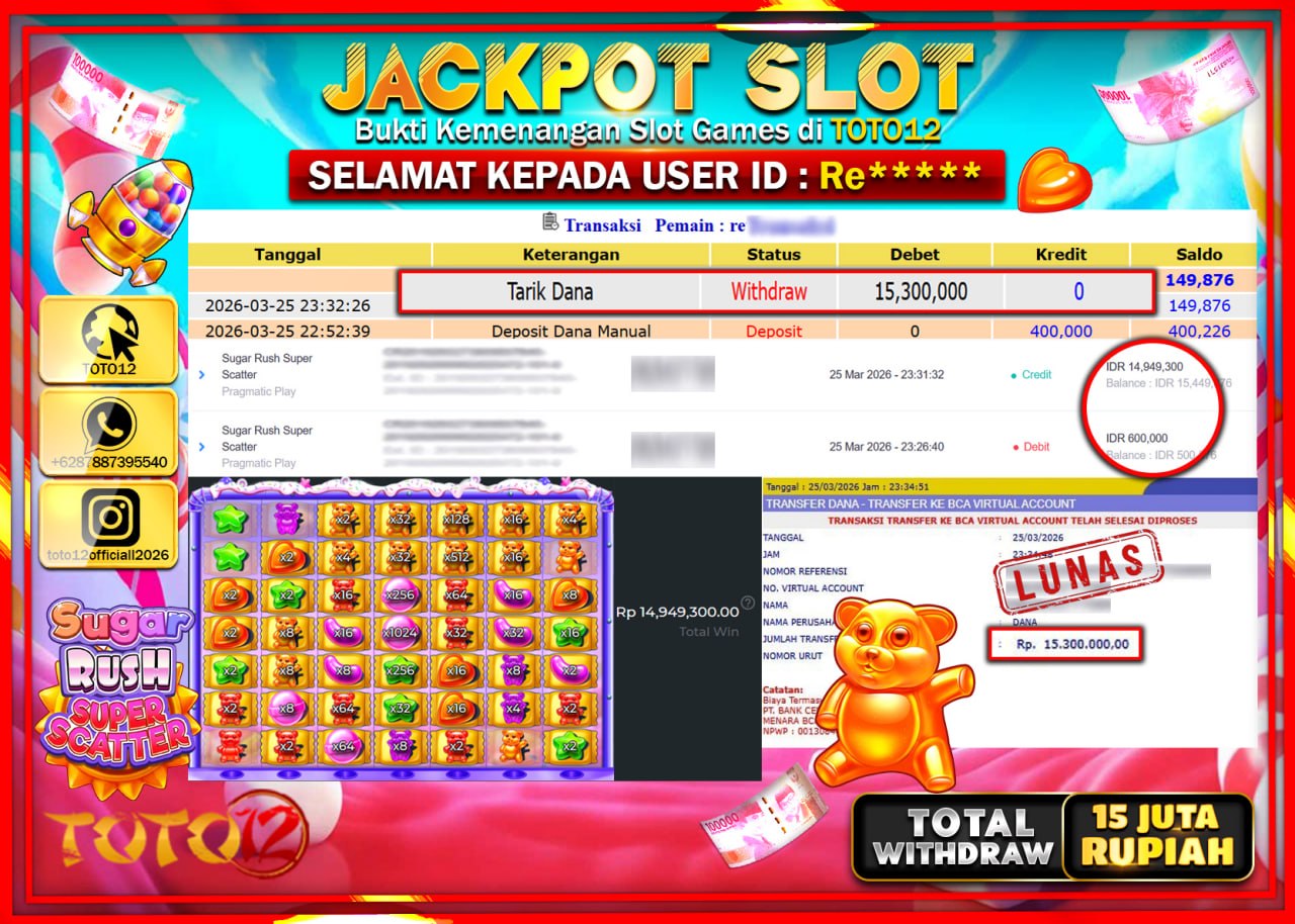 HANYA DI TOTO12 JP PASTI DI BAYAR LUNAS DAN CEPAT!!!!!! JACKPOT SLOT GAME (SUGAR RUSH SUPER SCATTER) Rp.15.300.000!!!!