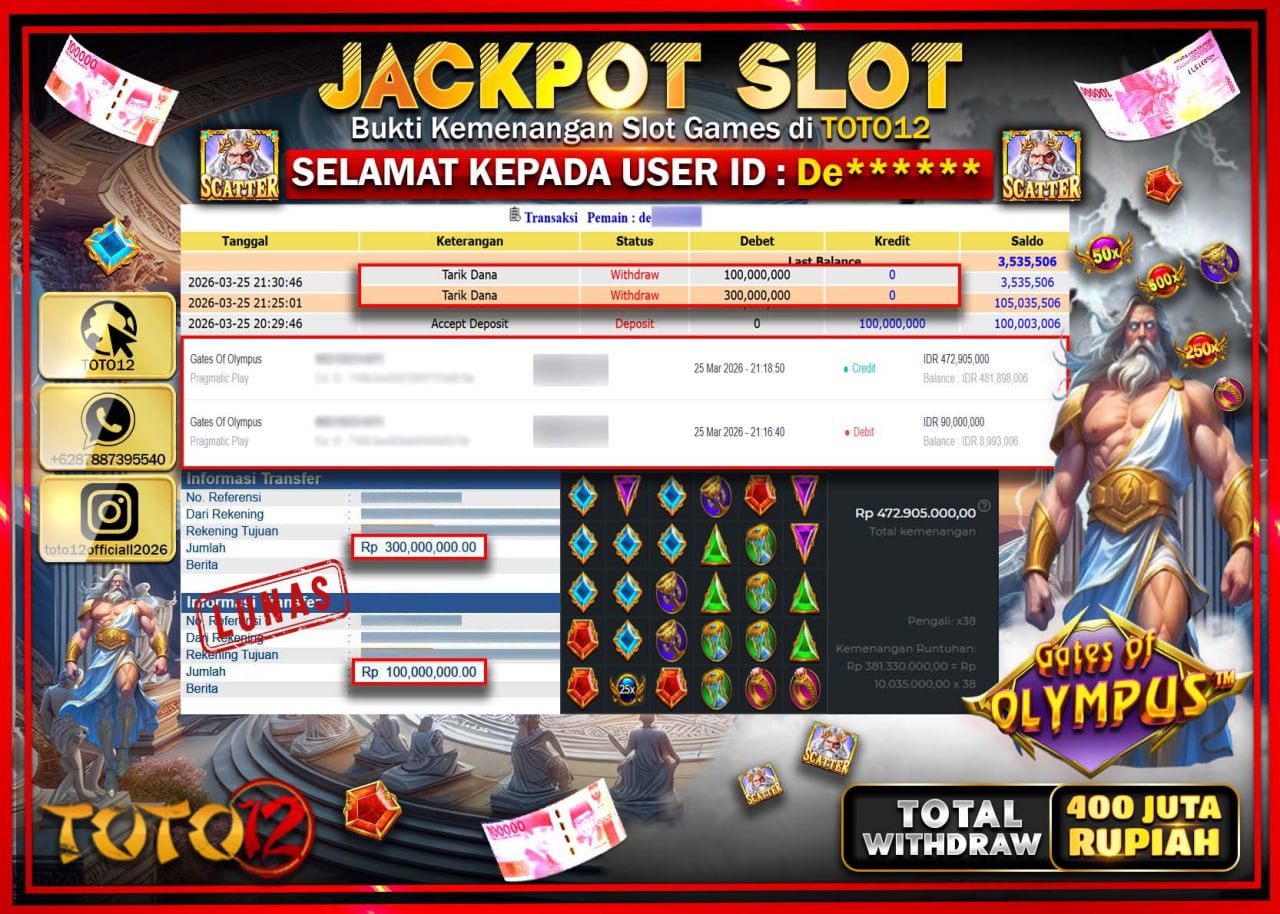 HANYA DI TOTO12 JP PASTI DI BAYAR LUNAS DAN CEPAT!!!!!! JACKPOT SLOT GAME (GATES OF OLYMPUS) Rp.400.000.000!!!!