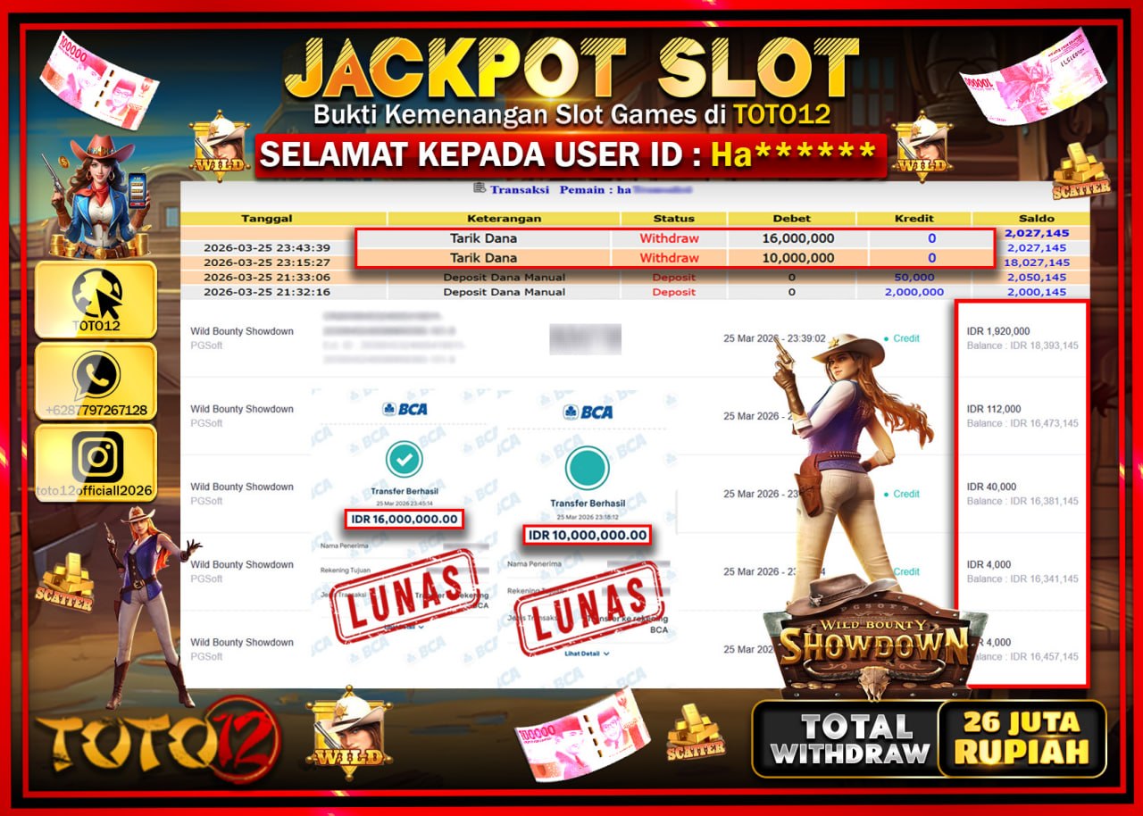 HANYA DI TOTO12 JP PASTI DI BAYAR LUNAS DAN CEPAT!!!!!! JACKPOT SLOT GAME (WILD BOUNTY SHOWDOWN) Rp.26.000.000!!!!