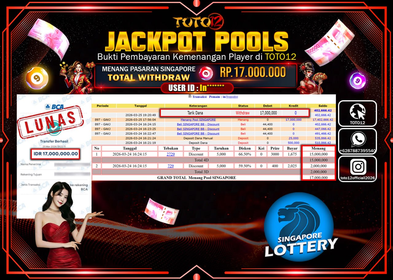 HANYA DI TOTO12 JP PASTI DI BAYAR LUNAS DAN CEPAT!!!!!! JACKPOT POOLS PASARAN (SINGAPORE) Rp.17.000.000!!!!