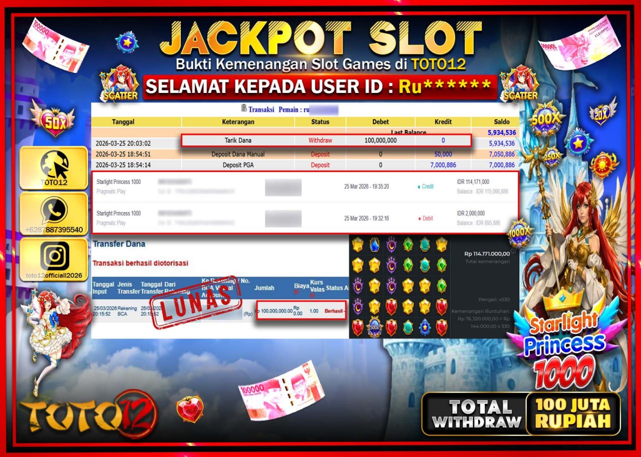 HANYA DI TOTO12 JP PASTI DI BAYAR LUNAS DAN CEPAT!!!!!! JACKPOT SLOT GAME (STARLIGHT PRINCESS 1000) Rp.100.000.000!!!!