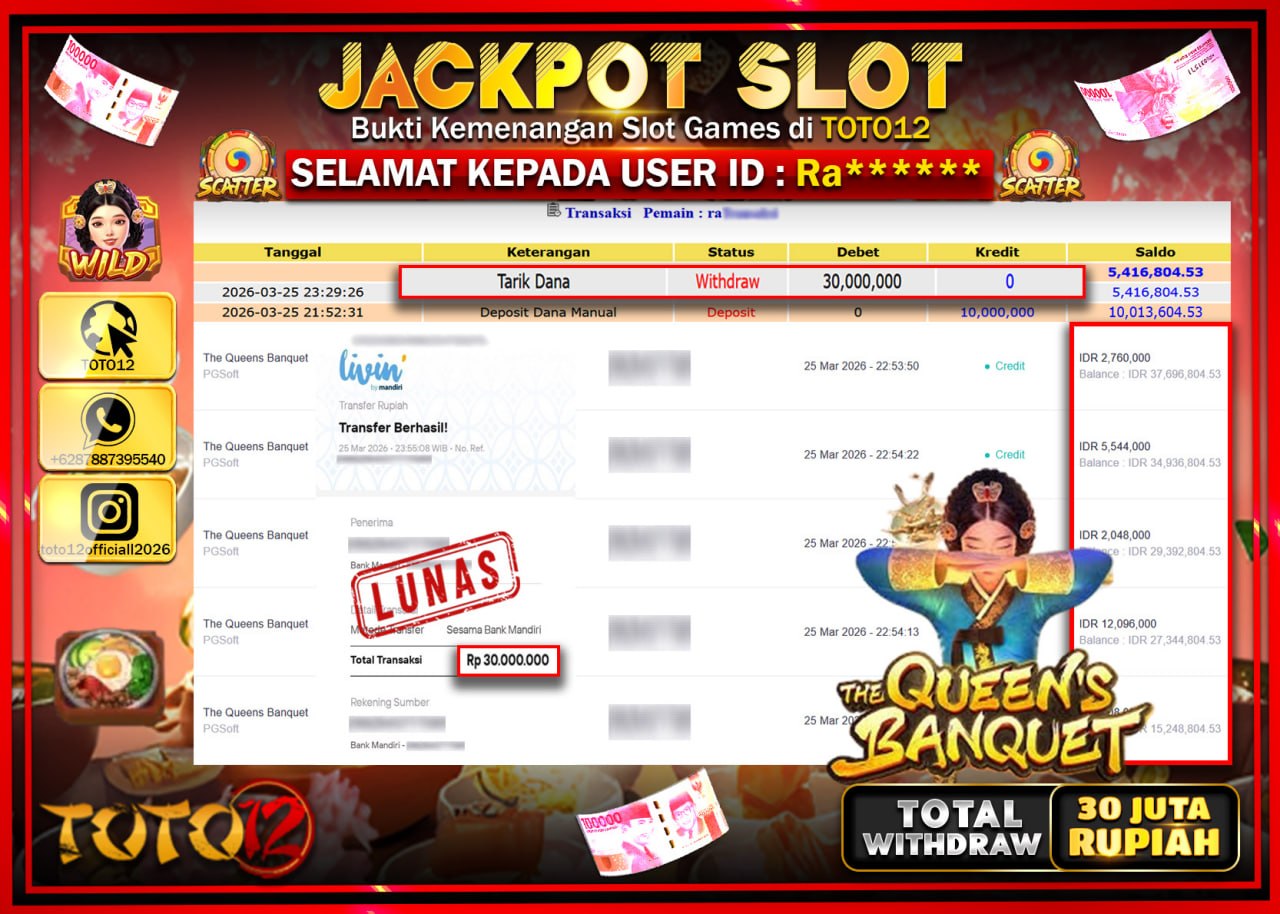 HANYA DI TOTO12 JP PASTI DI BAYAR LUNAS DAN CEPAT!!!!!! JACKPOT SLOT GAME (THE QUEENS BANGUET) Rp.30.000.000!!!!