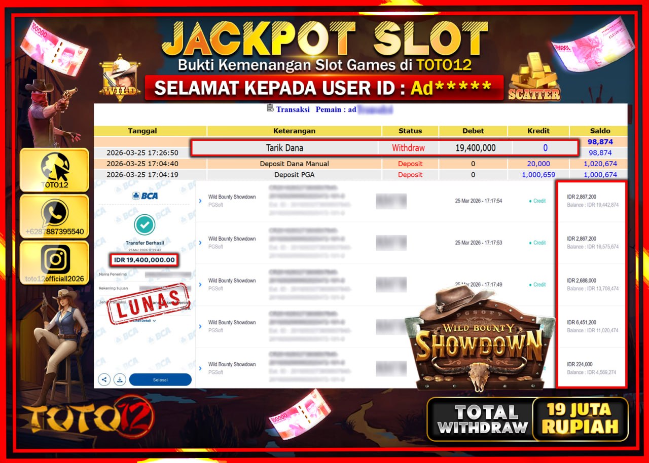 HANYA DI TOTO12 JP PASTI DI BAYAR LUNAS DAN CEPAT!!!!!! JACKPOT SLOT GAME (WILD BOUNTY SHOWDOWN) Rp.19.400.000!!!!