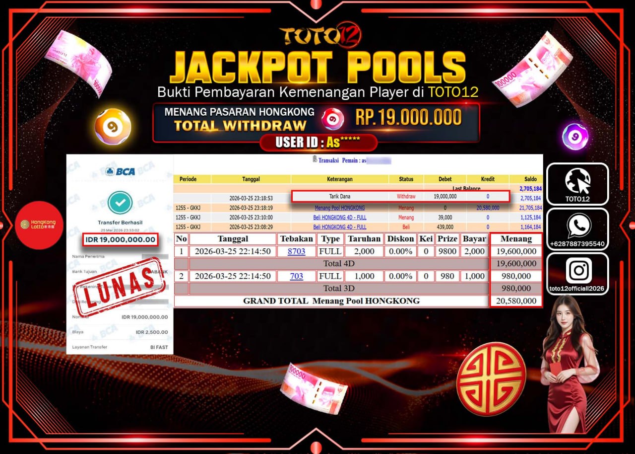 HANYA DI TOTO12 JP PASTI DI BAYAR LUNAS DAN CEPAT!!!!!! JACKPOT POOLS PASARAN (HONGKONG) Rp.19.000.000!!!!
