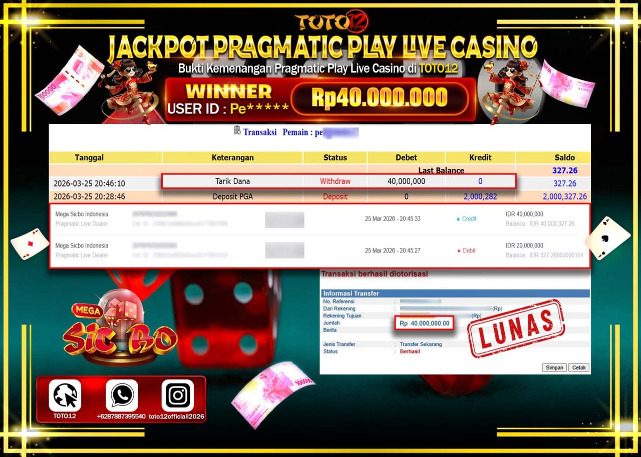 HANYA DI TOTO12 JP PASTI DI BAYAR LUNAS DAN CEPAT!!!!!! JACKPOT PRAGMATIC PLAY LIVE GAME CASINO (MEGA SICBO INDONESIA) Rp.40.000.000!!!!