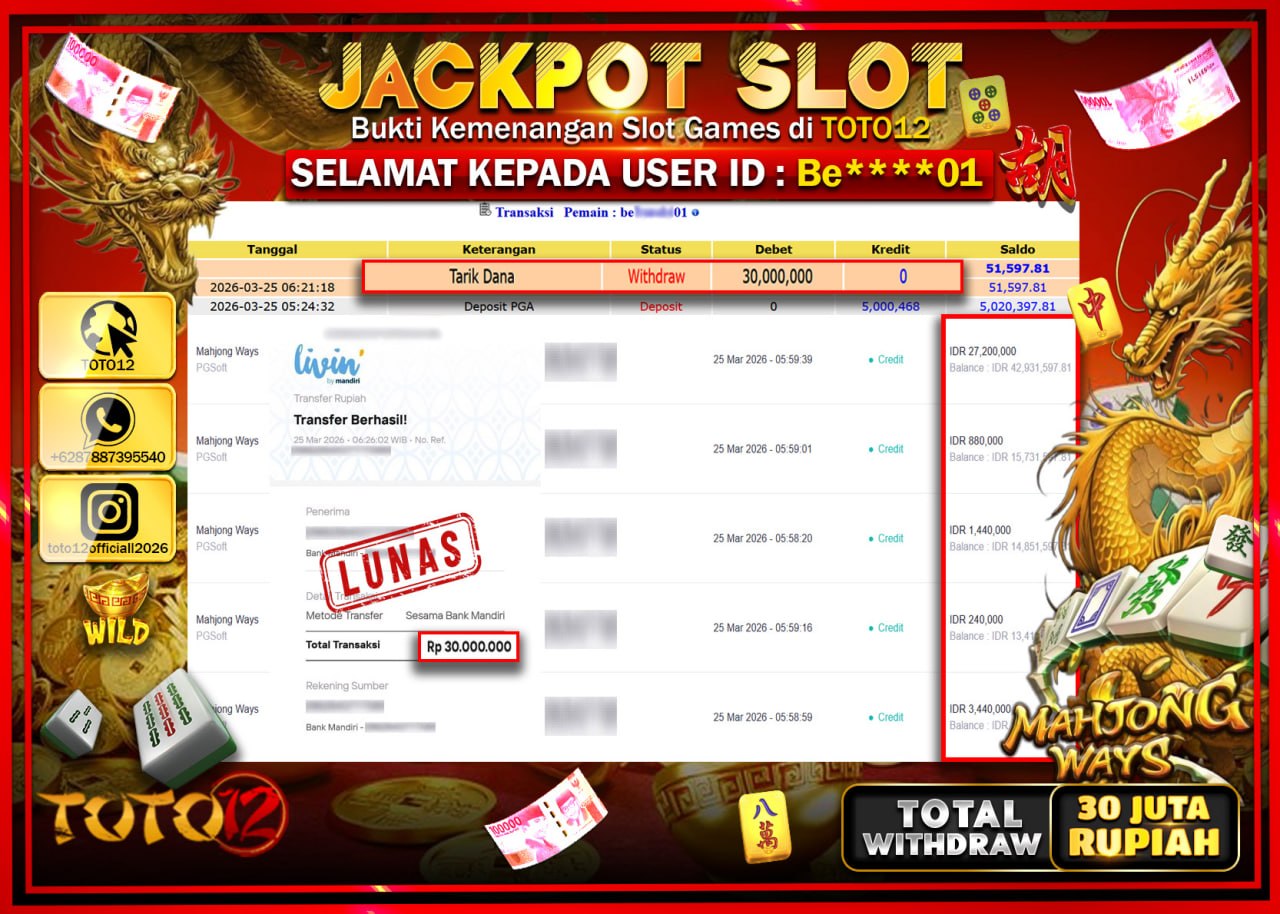 HANYA DI TOTO12 JP PASTI DI BAYAR LUNAS DAN CEPAT!!!!!! JACKPOT SLOT GAME (MAHJONG WAYS) Rp.30.000.000!!!!